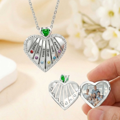 Personalized Photo Heart Locket Necklace with Birthstones & Names, Dainty Family Jewelry, Birthday/Mother's Day Gift for Her/Mom/Women