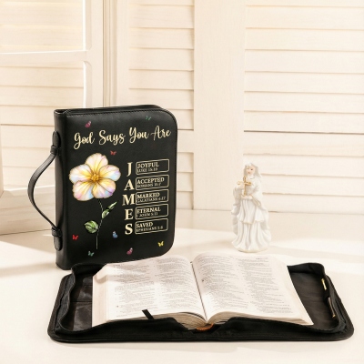 Personalized Name & Birth Flower God Says I Am Scripture Bible Cover, Leather Book Bible Case with Handle & Zipper, Gift for Christian Family/Friends