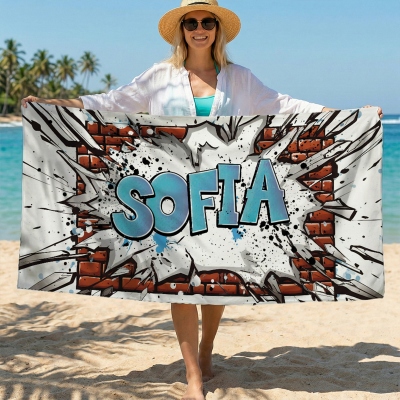 Personalized Name Graffiti Beach Towel, Multicolor Microfiber Quick Dry Bath Towel, Vacation/Beach/Pool Party Favor, Gift for Family/Friends/Kids
