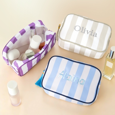 Custom Name Embroidered Striped Makeup Bag with Tassel Zipper, Monogramed Canvas Toiletry Pouch, Birthday/Wedding Gift for Women/Girls/Bridesmaids