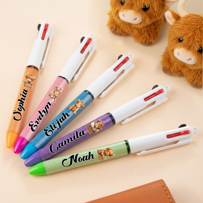 Personalized Name Highland Cow Design Retractable Three-Color Glitter Pen, 3-in-1 Ballpoint Pen, Gift for Nurses/Teachers/Highland Cow Lovers