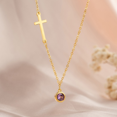Personalized Sideways Cross Necklace with Birthstone, Dainty Women's Christian Jewelry, Birthday/Christening/Christmas Gift for Her/Mom/Grandma/Family