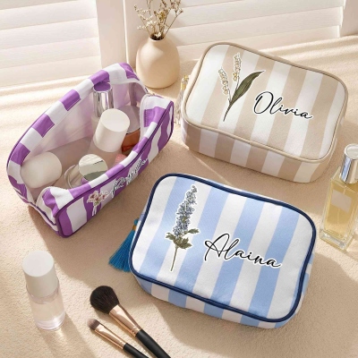 Personalized Name Birth Flower Striped Makeup Bag with Tassel Zipper, Canvas Toiletry Pouch, Birthday/Wedding Gift for Women/Girls/Bridesmaids