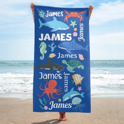Personalized Name Cartoon Marine Animals Beach Towel, Quick Dry Microfiber Bath Towel, Summer Vacation/Beach Party Favor, Gift for Kids/Boys/Girls