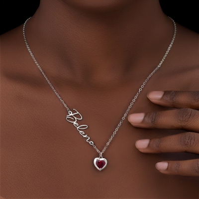 Personalized Heart Birthstone Necklace with Sideways Name, Dainty Women's Jewelry, Valentine's Day/Anniversary/Birthday Gift for Wife/Her/Bestie