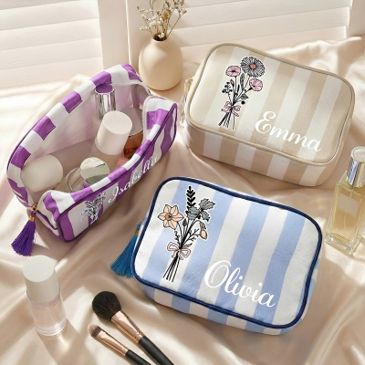 Personalized Name Birth Flower Bouquet Striped Makeup Bag with Tassel Zipper, Canvas Toiletry Pouch, Birthday/Wedding Gift for Women/Girls/Bridesmaids
