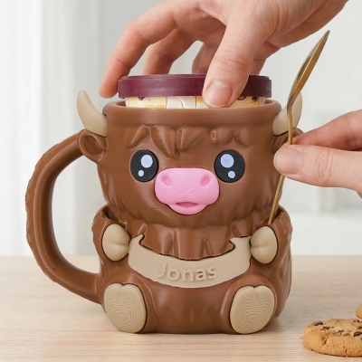 Personalisierter, 3D-gedruckter Eisbecherhalter in Form eines Hochlandrindes mit versteckter Würfelschublade, mehrfarbiger Snackschale, Geburtstagsgeschenk für Hochlandrind-Liebhaber