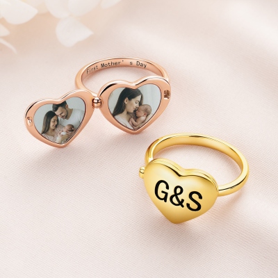 Personalized Photos Heart Locket Ring with Engraving, Sterling Silver 925 Dainty Jewelry, Mother's Day/Birthday/Anniversary Gift for Mom/Family/Couple
