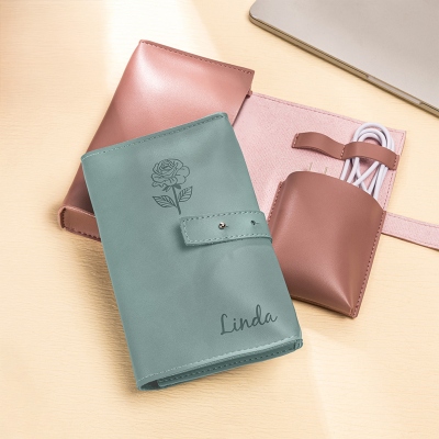 Personalized Name Birth Flower Travel Charger Cable Organizer Bag, Leather Case for Tech Accessories, Birthday/Christmas Gift for Her/Family/Friends