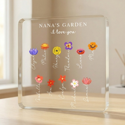 Personalized Names Colorful Birth Flowers Grandma’s Garden Square Acrylic Plaque, Desk Decor, Birthday/Mother’s Day Gift for Wife/Mom/Grandma