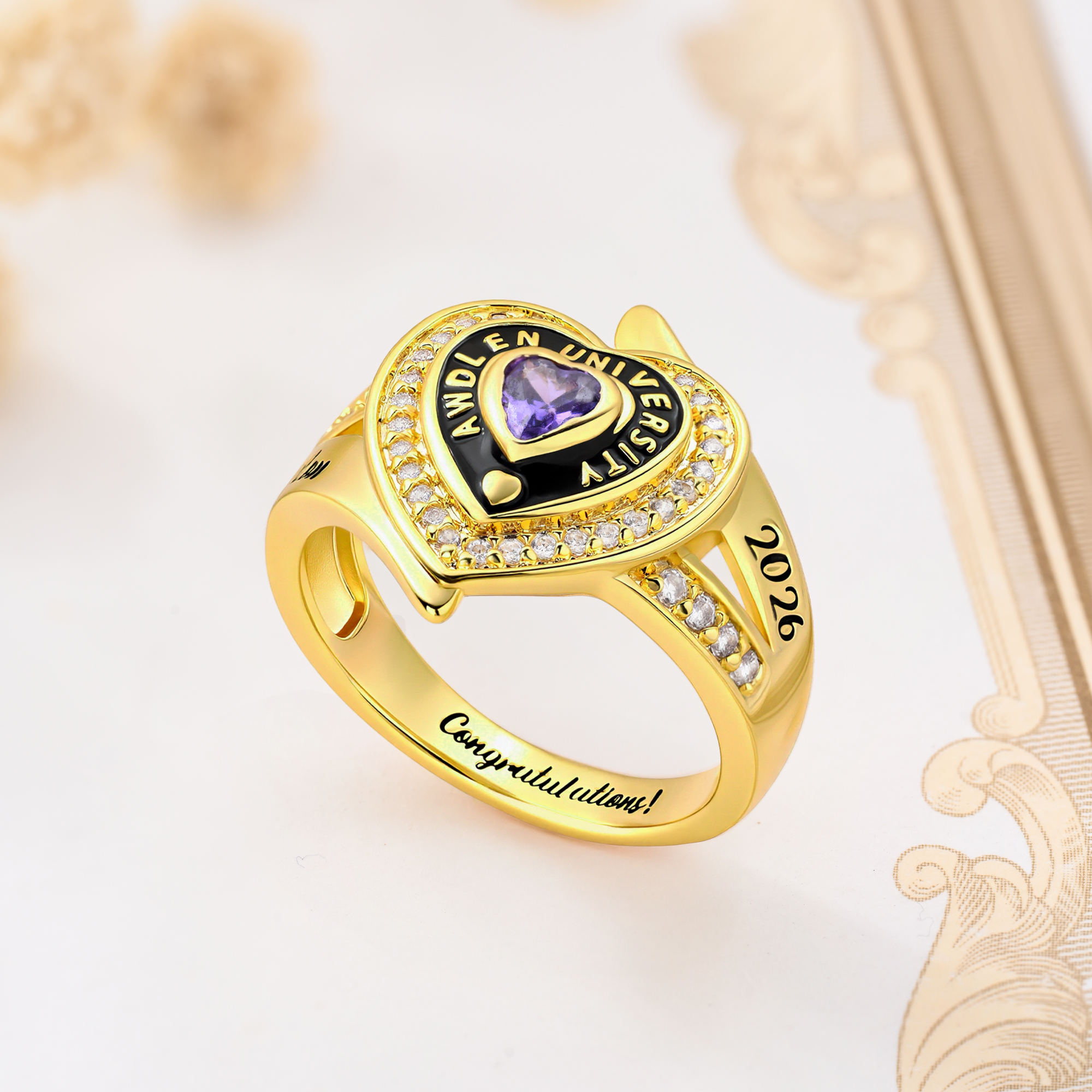 Personalized Engraved Graduation Ring with Heart Birthstone, Class of 2026 Graduation Jewelry, High School College Class Ring, Gift for Graduates