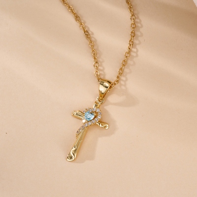 Personalized Heart Birthstone Cross Necklace, Sterling Silver 925 Dainty Christian Jewelry, Birthday/Baptism/Christmas Gift for Her/Mom/Grandma/Women
