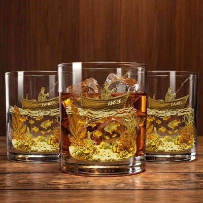 Personalized Name Fisherman in a Boat Whiskey Glass, 10oz Bourbon Old Fashioned Glass, Birthday/Father's Day Gift for Him/Dad/Grandpa/Fishing Lovers