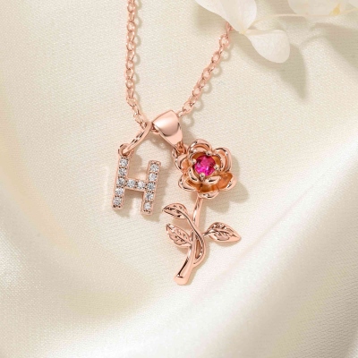 Personalized Rose Initial Pendant Necklace, Sterling Silver 925 Floral Jewelry for Women, Valentine's Day/Anniversary Gift for Her/Wife/Girlfriends