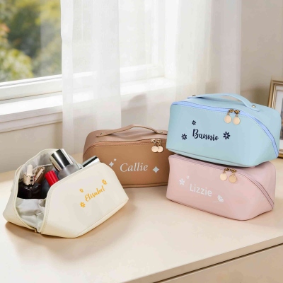 Custom Name Floral Leather Makeup Bag, Wide Open Flat Cosmetic Bag with Divider & Handle, Birthday/Mother's Day/Wedding Gift for Her/Mom/Bridesmaids
