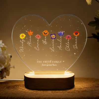 Personalized Names Birth Flowers Grandma’s Garden Heart-Shaped LED Night Light, Acrylic Night Lamp with Wooden Base, Mother’s Day Gift for Mom/Grandma