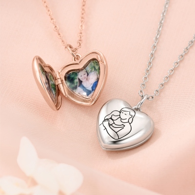 Personalized Photo Family Line Art Heart Locket Necklace, Sterling Silver 925 Dainty Family Jewelry, Mother’s Day/Father’s Day Gift for Mom/Dad/Family