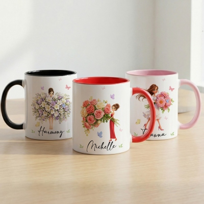 Personalized Name Birth Flower Girl Mug, 11oz/15oz Two Tone Ceramic Mug with Coaster, Mother's Day/Wedding/Birthday Gift for Mom/Bridesmaids/Girls