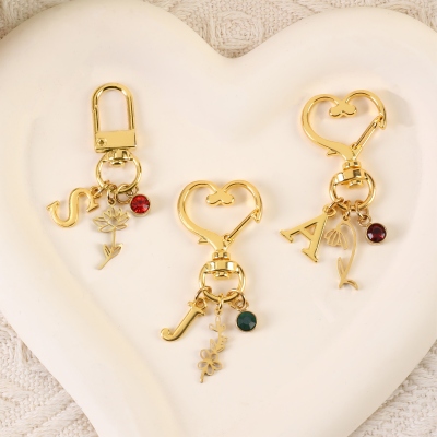 Personalized Birthstone Bag Charm, Custom Initial Birth Flower Keychain, Purse Charms, Unique Bag Accessory, Birthday Gifts