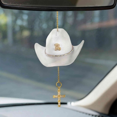 Custom Initial Virgin Mary Cross Car Charm with Mini Cowboy Hat, Western Rosary Charm, Rear View Mirror Decor, Christian Gift for Her/Mom/Family