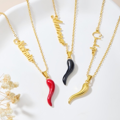 Personalized Sideway Name Enamel Cornicello Lucky Horn Charm Necklace, Chili Pepper Name Necklace, Birthday Gift for Italian Family/Friends