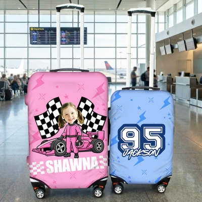 Personalized Name & Face Photo Cartoon Racing Character Luggage Cover with Number, Suitcase Protector Wrap, Gift for Racing Fans/Travel Lovers