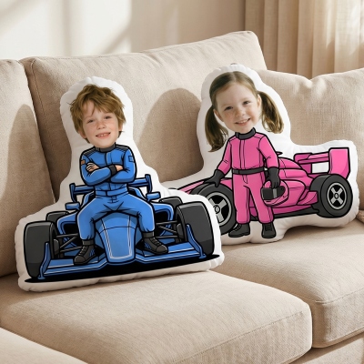 Personalized Face Photo Cartoon Racing Character Shaped Throw Pillow, Plush Stuffed 3D Cushion, Home Decor, Birthday Gift for Kids/Racing Lovers