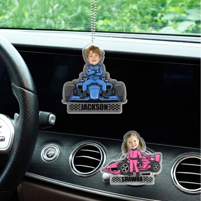 Personalized Name Face Photo Cartoon Racing Character Car Hanging Ornament/Visor Clip/Vent Clip, Auto Accessories, Birthday Gift for Racing Lovers