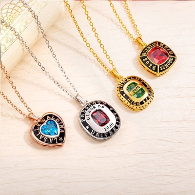 Personalized Birthstone Shield Badge Sterling Silver Necklace with Text Dainty Jewelry Class of 2026 Graduation Gift for Graduates Friends Classmates