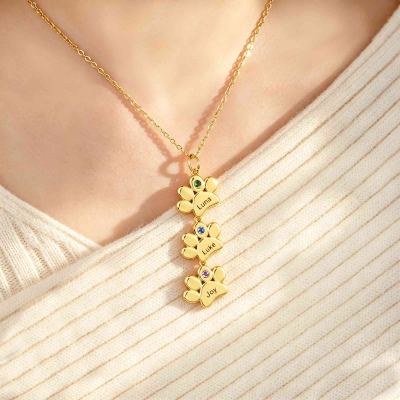 Custom Engraved 1-12 Paw Print Birthstone Necklace with Name, Exquisite Sterling Silver 925 Memorial Jewelry, Anniversary/Birthday Gift for Pet Owners