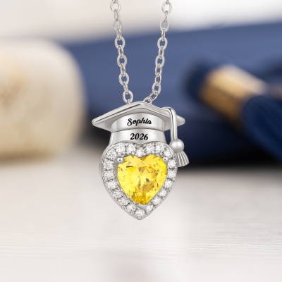 Personalized Name Graduation Cap Necklace with Heart Birthstone, Class of 2026 High School/College Graduation Mementos Jewelry, Gift for Graduates