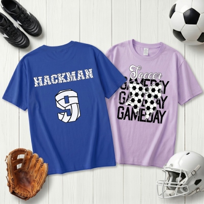 Personalized Name & Number Bow Sports-Themed T-shirt/Sweatshirt, Multicolor Crewneck Top, Game Day/Birthday Gift for Sport Lovers/Teammates/Girls