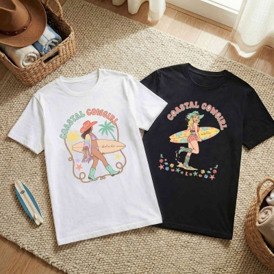 Personalized Bohemian Style Surfboard Cowgirl T-shirt with Name, Multicolor Cotton T-shirt, Beach Party Outfit, Birthday/Vacation Gift for Women/Girls