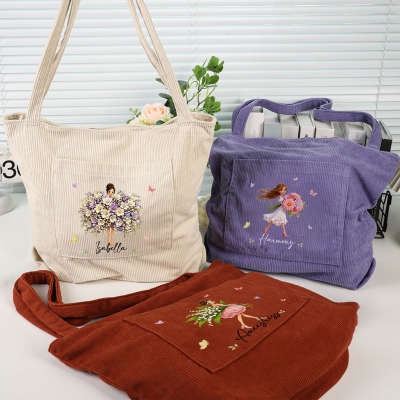 Personalized Cartoon Birth Flower Girl Corduroy Tote Bag with Name, Daily Zippered Handbag with Pocket, Birthday/Mother’s Day Gift for Mom/Grandma/Her