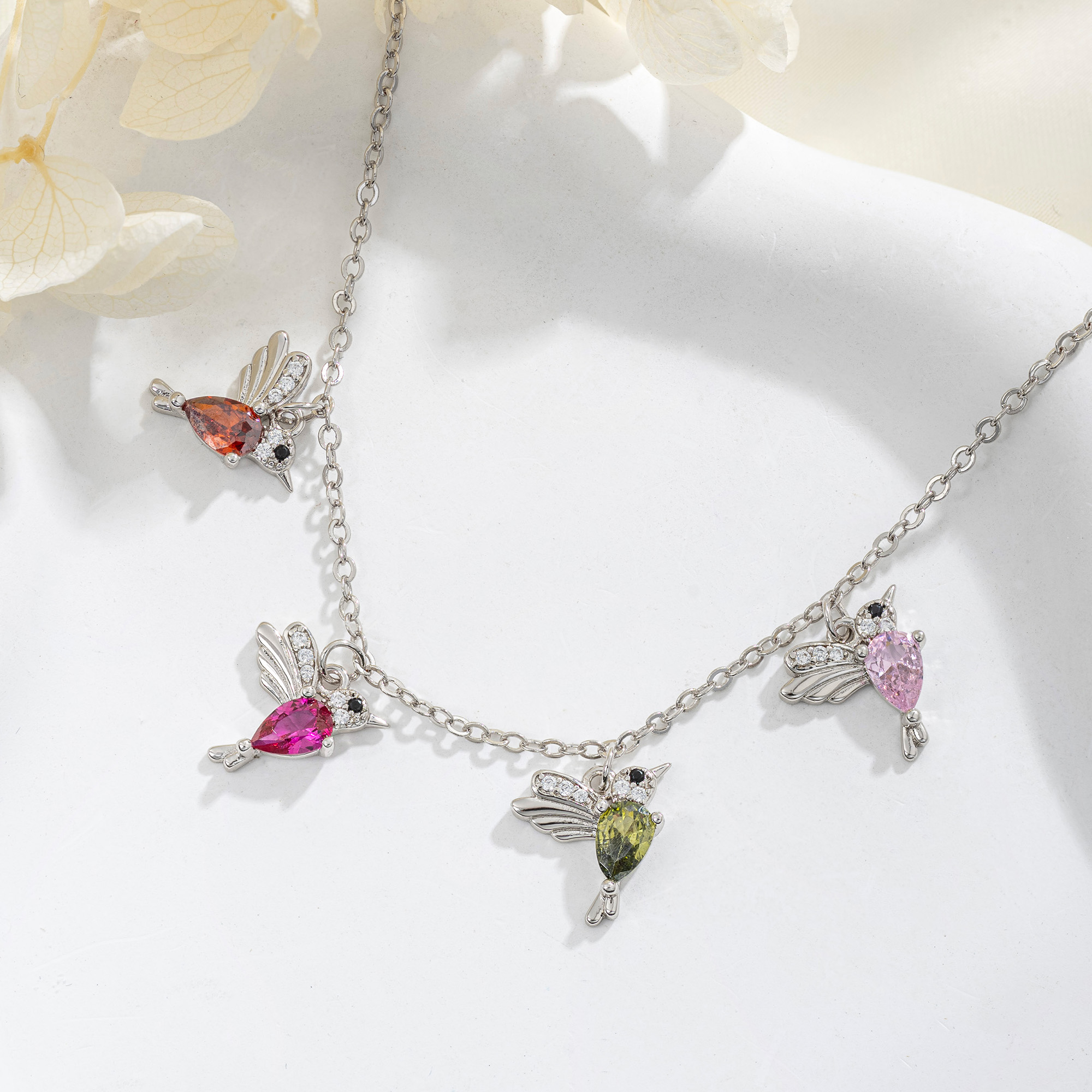 Personalized 1-8 Hummingbirds Necklace with Birthstones, Sterling Silver 925 Family Jewelry, Birthday/Mother's Day/Christmas Gift for Her/Mom/Women