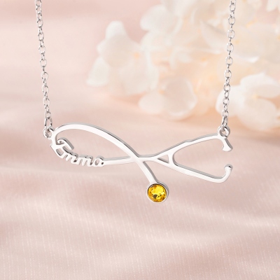 Personalized Stethoscope Name Necklace with Birthstone, Custom Infinity Necklace, Appreciation/Graduation Gift for Doctor/Nurse/Medical Student