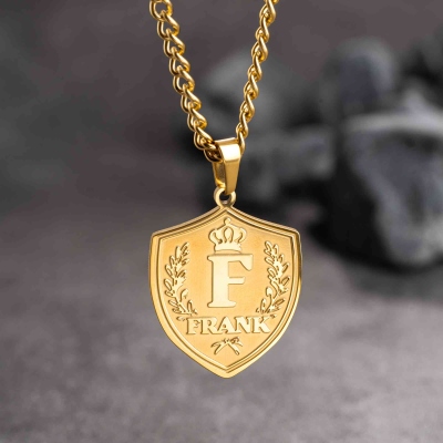 Personalized Initial Crown & Laurel Shield Necklace with Name, Luxury Statement Pendant for Men, Father's Day/Birthday Gift for Husband/Dad/Men
