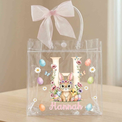 Personalized Name Floral Bunny Alphabet Easter Gift Bag with Pink Bow Ribbon, PVC Clear Easter Egg Hunt Bag, Easter Gift for Kids/Girls/Boys