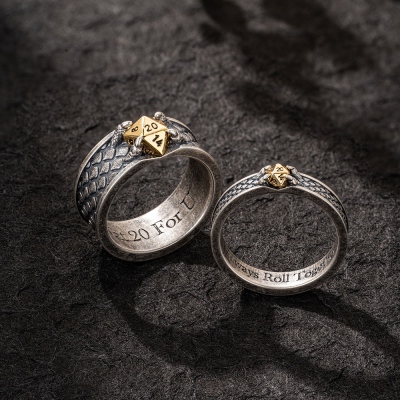D20 Dice Dragon Scale Engagement & Promise Rings for Couples, Inner Engraved Silver/Brass Dragon Claw Ring Anniversary Gift for Her