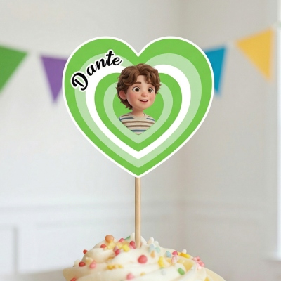 Custom Name Cartoon Face Photo Multi-Layer Gradient Heart Cupcake Toppers (Set of 8), Cake Decors, Party Favors, Birthday Gifts for Family/Friends