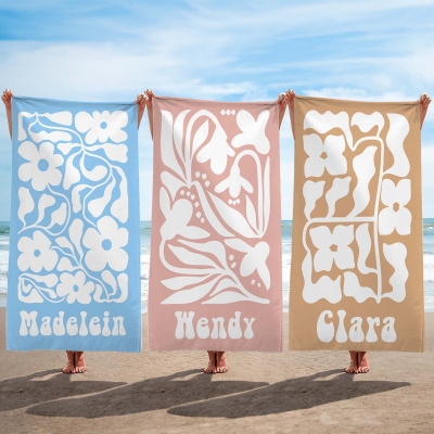 Personalized Groovy Tropical Floral Beach Towel with Name, Quick Dry Microfiber Pool Towel, Summer Vacation/Beach Party Favor, Gift for Her/Mom/Women