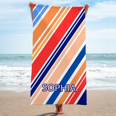 Personalized Name Colorful Diagonal Striped Beach Towel, Quick Dry Microfiber Pool Towel, Summer Vacation/Beach Party Favor, Gift for Family/Friends