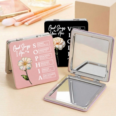 Custom Name Pearl Effect Birth Flower God Says I Am Bible Verses Makeup Mirror, 1x/2x Magnifying Dual Compact Mirror, Gift for Christian Women/Girls