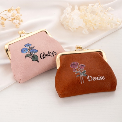 Personalized Kiss Lock Leather Coin Purse with Name & Birth Flower, Women's Travel Clasp Wallet, Birthday/Wedding Gift for Her/Mom/Friends/Bridesmaids