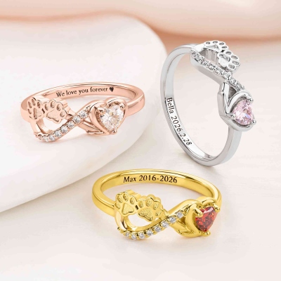 Custom Pet Paw Print Heart Birthstone Infinity Ring with Engraved Name, Sterling Silver 925 Pet Memorial Jewelry, Birthday Gift for Pet Owners/Lovers