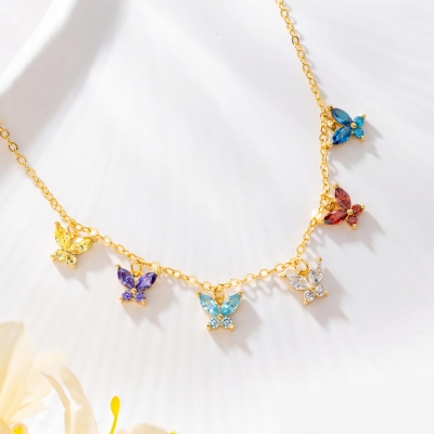 Personalized 1-10 Butterflies Necklace with Birthstones, Sterling Silver 925 Dainty Family Jewelry, Birthday/Mother's Day Gift for Her/Mom/Grandma