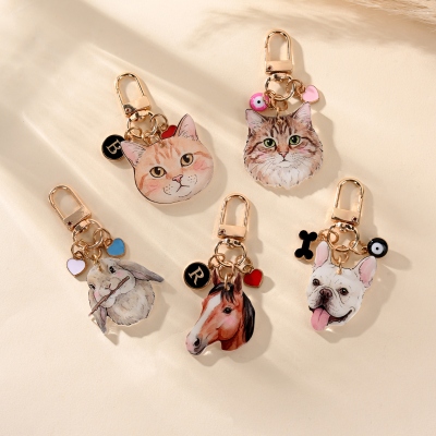 Custom Pet Portrait Short Keychain: Dog Illustration, Initial Charm, Pet Memorial Gift