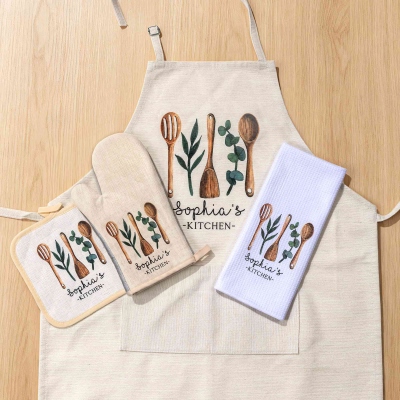Personalized Name Watercolor Apron Kitchen Set, Linen Vintage Oven Mitt Tea Towel Apron Set, Kitchen Supplies, Mother's Day Gift for Mom/Grandma/Her