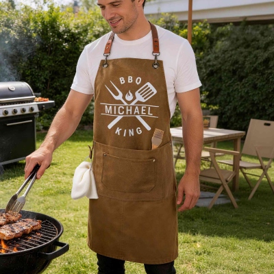 Personalized Embroidered Name BBQ King Apron with Multi-Tool Pockets, Waxed Canvas Apron with Vegan Leather Strap, Grill Gear, Birthday Gift for Him