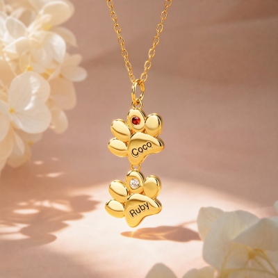 Custom Engraved 1-12 Paw Print Birthstone Necklace with Name, Exquisite Sterling Silver 925 Memorial Jewelry, Anniversary/Birthday Gift for Pet Owners